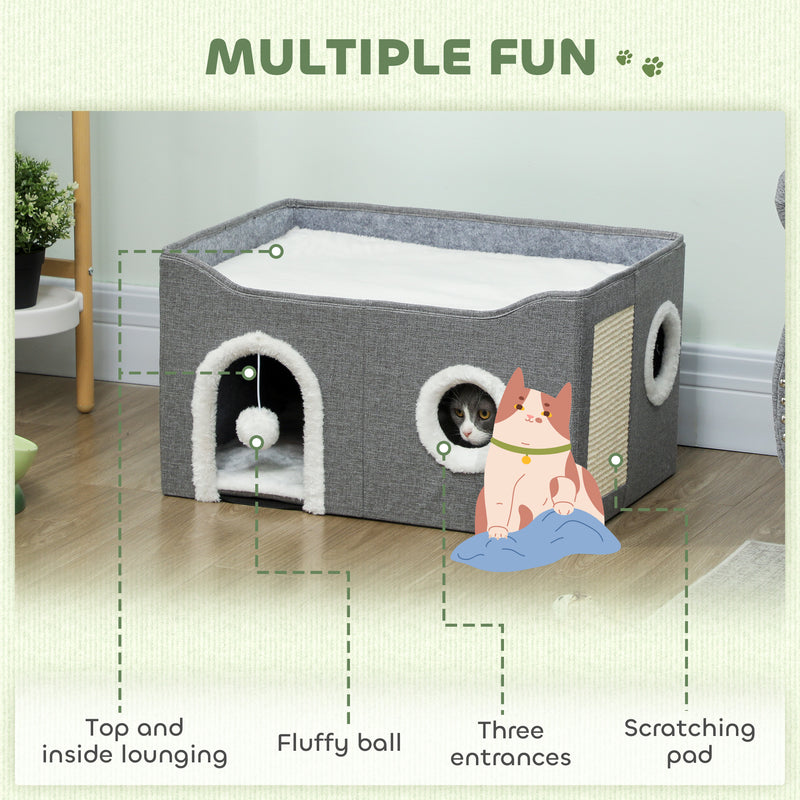 Foldable Indoor Cat House with Scratch Pad and Hanging Toy for Small Pets Grey