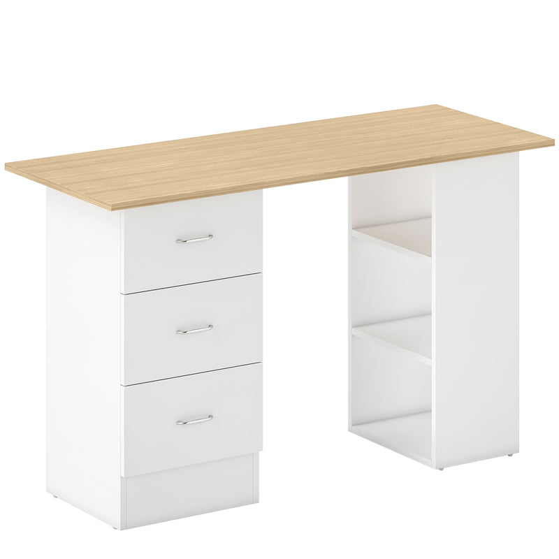 Computer Desk with 3 Storage Shelves and Drawers for Home Office Organisation, Natural Wood White