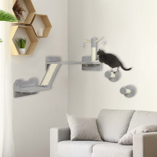 3 Piece Cat Wall Furniture Set with Scratch Posts Perches and Toys in Light Grey by PawHut
