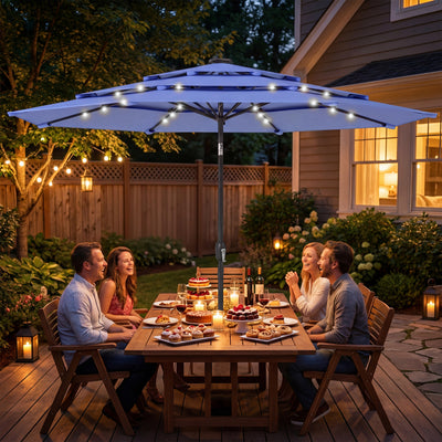 Garden Parasol with Lights and Adjustable Shade for Patio or Outdoor Dining, Blue Outsunny