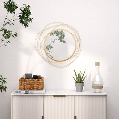 Abstract Metal Wire Wall Mirror with Hanging Accessories for Modern Decor Gold Tone