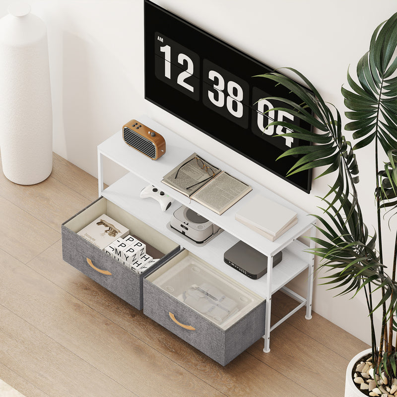 White TV Stand Cabinet with 2 Foldable Fabric Storage Drawers for Living Room or Bedroom