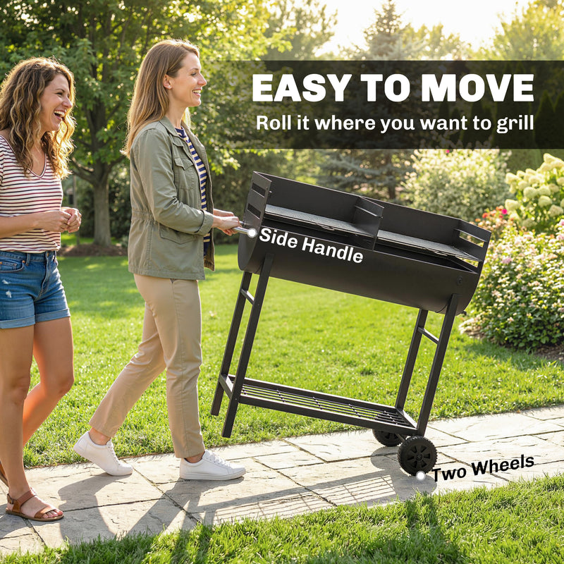 Half Drum Charcoal BBQ Grill Trolley with 2 Cooking Zones for Easy Family Barbecues Black Outsunny