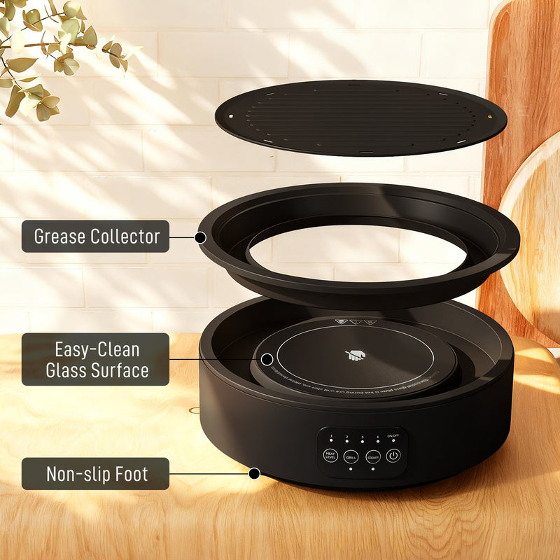 Electric Ceramic Hob with Grill Plate for All Pots 4 Heat Levels Portable 36cm Black AOSOM