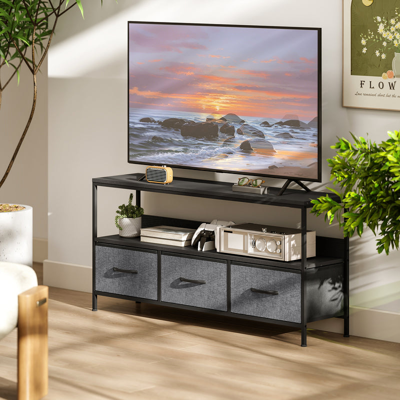 Black TV Stand Cabinet with 3 Foldable Fabric Storage Drawers for Living Room or Bedroom