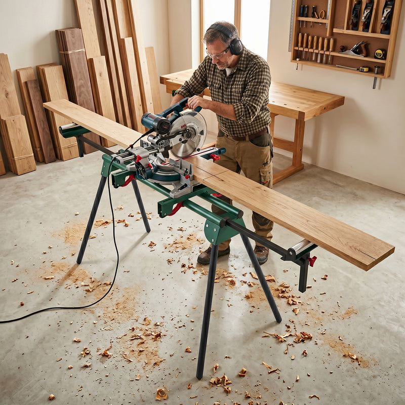 Mitre Saw Stand with Adjustable Rollers for Stable Timber Cutting Green