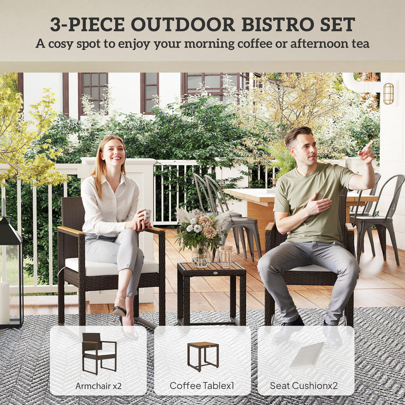 White 3 Piece Rattan Garden Chair Set with Side Table for Outdoors by Outsunny