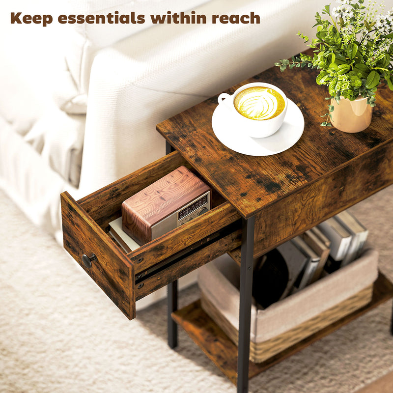 Slim Side Table with Drawer and Storage Shelf Ideal for Small Spaces, Rustic Brown