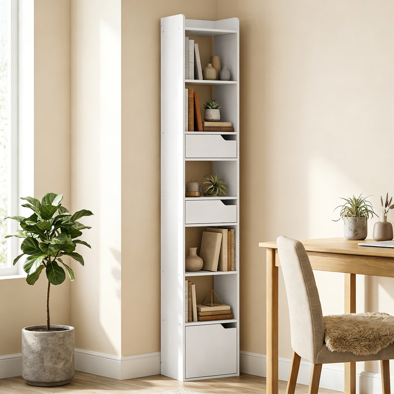 Slim Corner Bookcase with Shelves Drawers and Cabinet for Small Spaces White Wood Effect