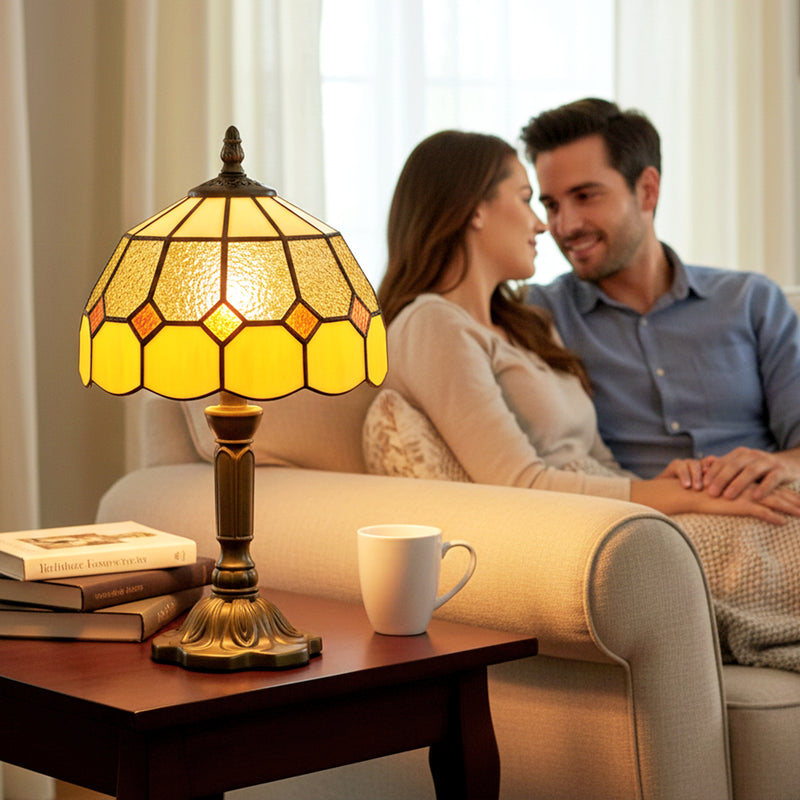 Tiffany Style Stained Glass Table Lamp - Handmade Glass Table Lamp with Art Deco Design for Living Room White & Orange
