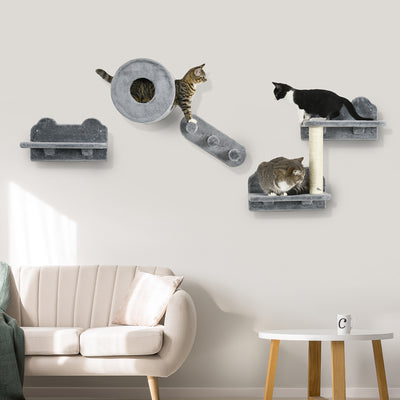 Wall Mounted Cat Tree with Steps Perch and Hidden House Ideal for Climbing, Grey PawHut