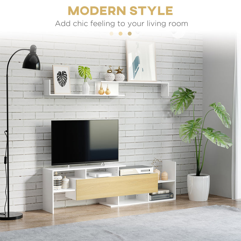 White and Natural TV Cabinet with Wall Shelf for 65 Inch Wall Mounted or 40 Inch Standing TVs