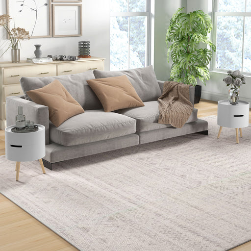 Set of 2 Round Side Tables with Storage and Removable Tray for Living Room, White