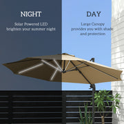 Khaki 3m Cantilever Garden Parasol With Base And Solar LED Lights For Outdoor Shade