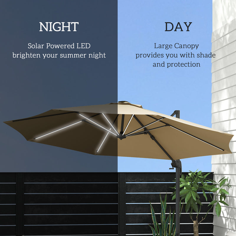 Khaki 3m Cantilever Garden Parasol With Base And Solar LED Lights For Outdoor Shade