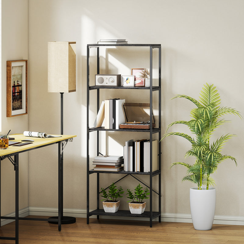 5 Tier Industrial Style Bookcase With Sturdy Metal Frame For Home Office Storage Dark Grey Black AOSOM