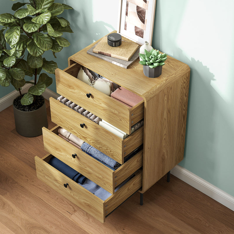Modern Chest of 4 Drawers for Bedroom Storage with Sleek Design With Curved Edges, Oak Effect