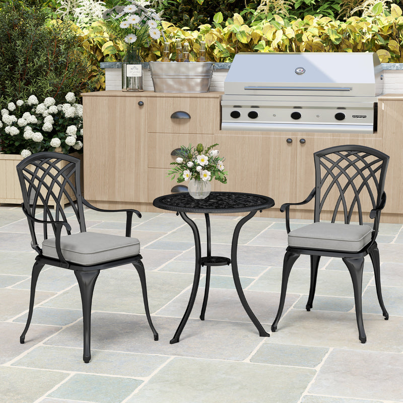 3 Piece Cast Aluminium Garden Bistro Set with Cushions and Parasol Hole Black by Outsunny