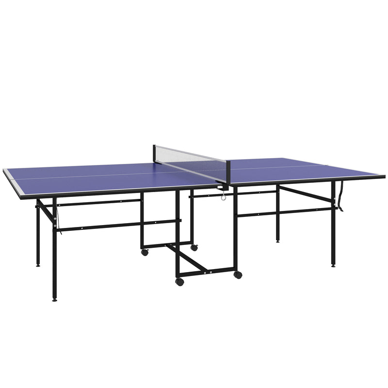 SPORTNOW 9FT Folding Table Tennis Table with Four Wheels, for Indoor Use, Blue AOSOM