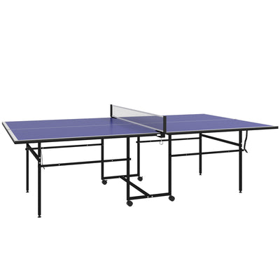 SPORTNOW 9FT Folding Table Tennis Table with Four Wheels, for Indoor Use, Blue AOSOM