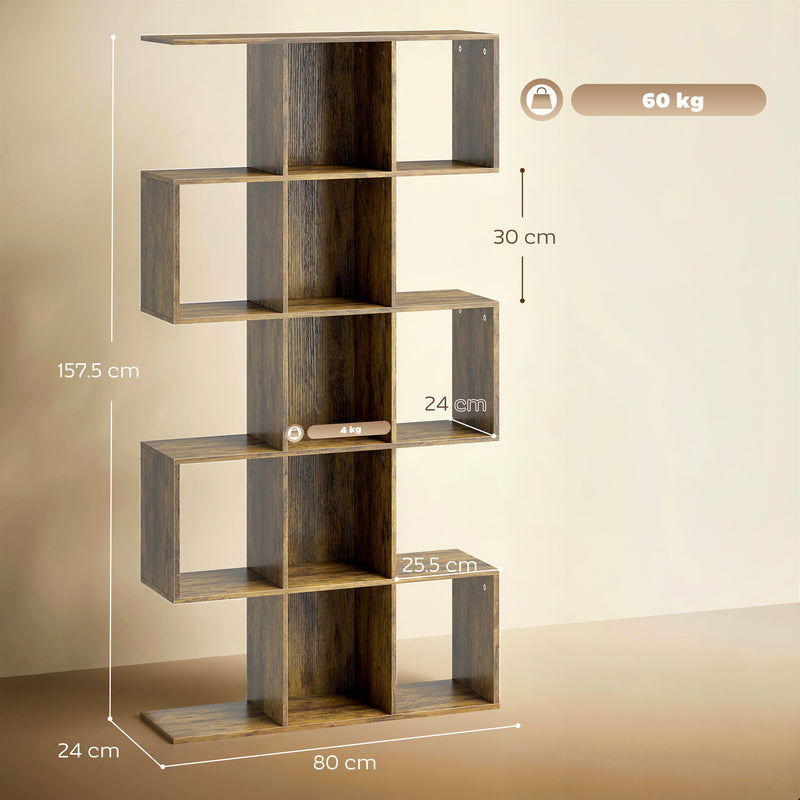 HOMCOM 5-Tier Bookshelf, S Shaped Geometric Bookcase with 15 Compartments, Rustic Brown AOSOM