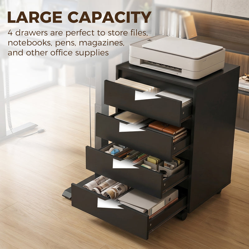 Office Storage Cabinet with 4 Drawers and Lockable Wheels for Tidy Desks Black