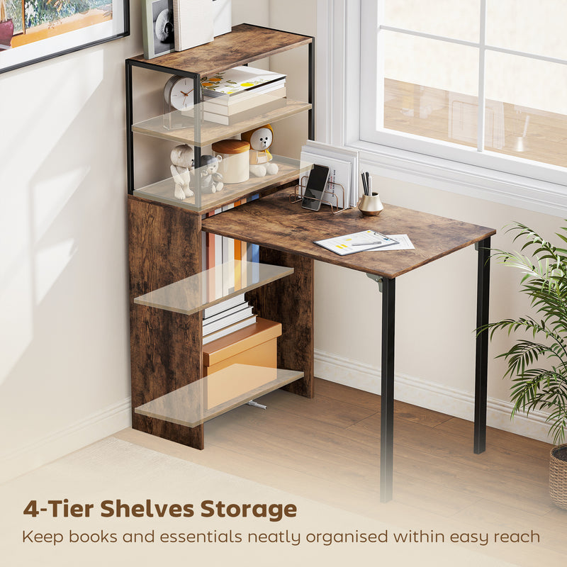 Bookcase With Fold Out Desk For Small Spaces, Hidden Storage, 105W x 60D x 127H cm