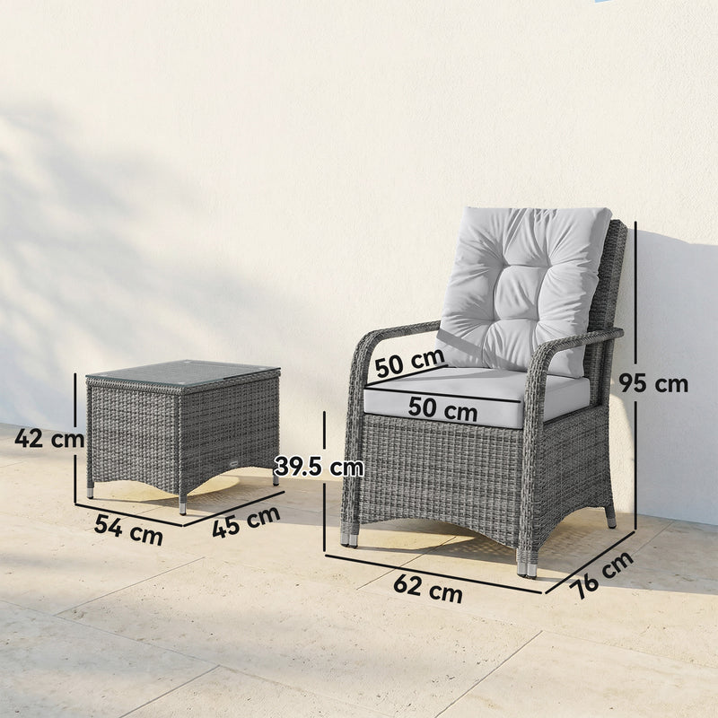 2-Seat Rattan Garden Bistro Set with 10cm Cushions, Tempered Glass Table and Weatherproof Cover, Grey