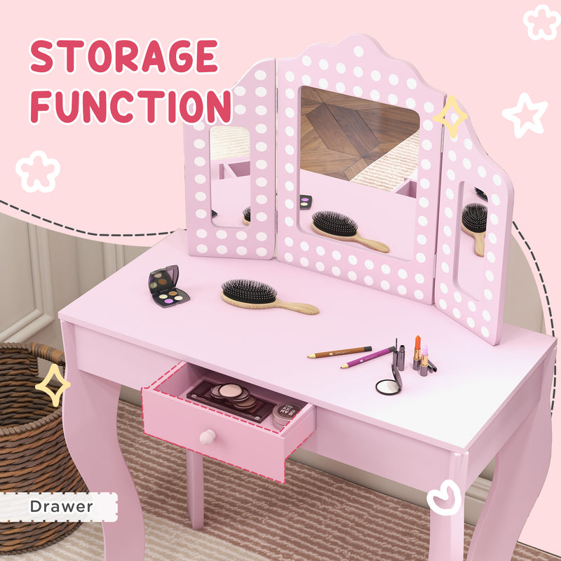 Kids Dressing Table Set with Stool Mirror and Drawer for Bedroom Playroom Use, Pink