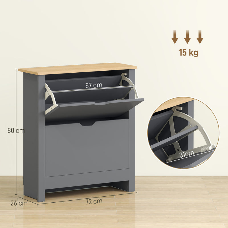 Charcoal Grey Slim Shoe Cabinet For Hallway - 2 Flip Doors Stores Up To 12 Pairs With Adjustable Shelves, 72x26x80cm Homcom