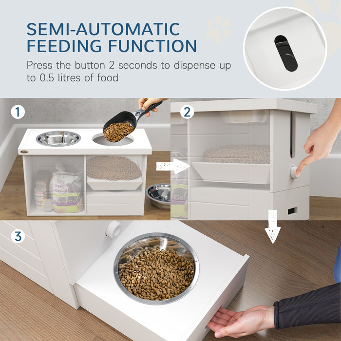 White Raised Dog Bowl Stand With Slow Feeder Mat Storage Cabinet and 3 Stainless Steel Bowls by PawHut