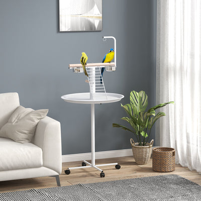 Bird Stand with Wheels and Feed Bowls for Indoor or Outdoor Use with Tray, White