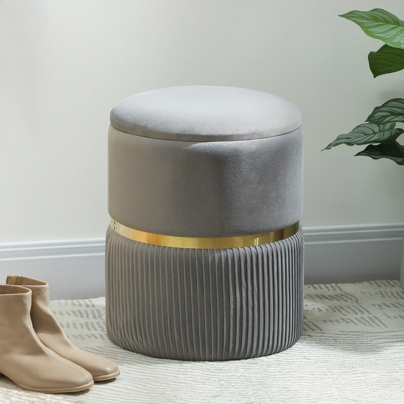 Velvet Feel Storage Ottoman With Hidden Compartment Ideal For Living Room, Light Grey