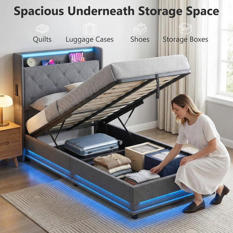 Under-bed storage holding quilts, a suitcase, shoes and storage boxes