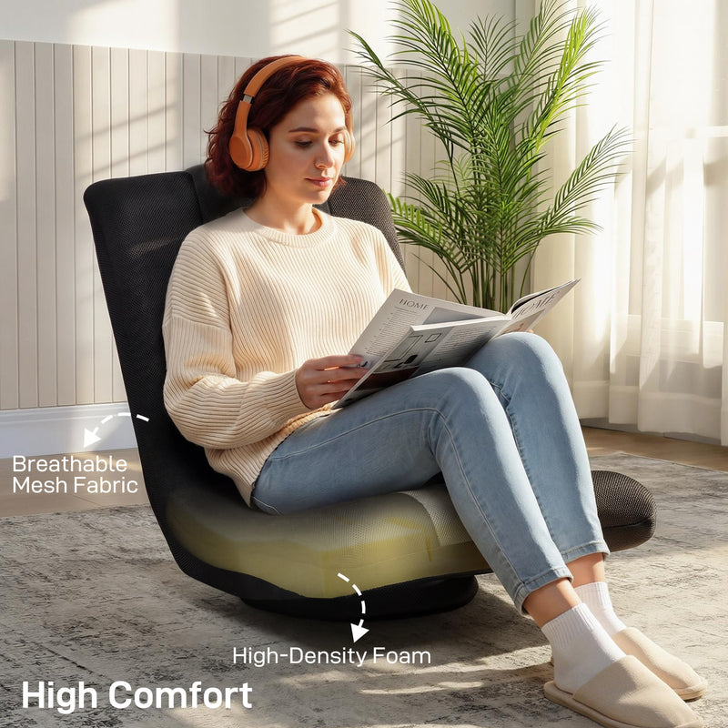 Folding Floor Chair With Swivel Base And Adjustable Backrest For Lounge Comfort Black