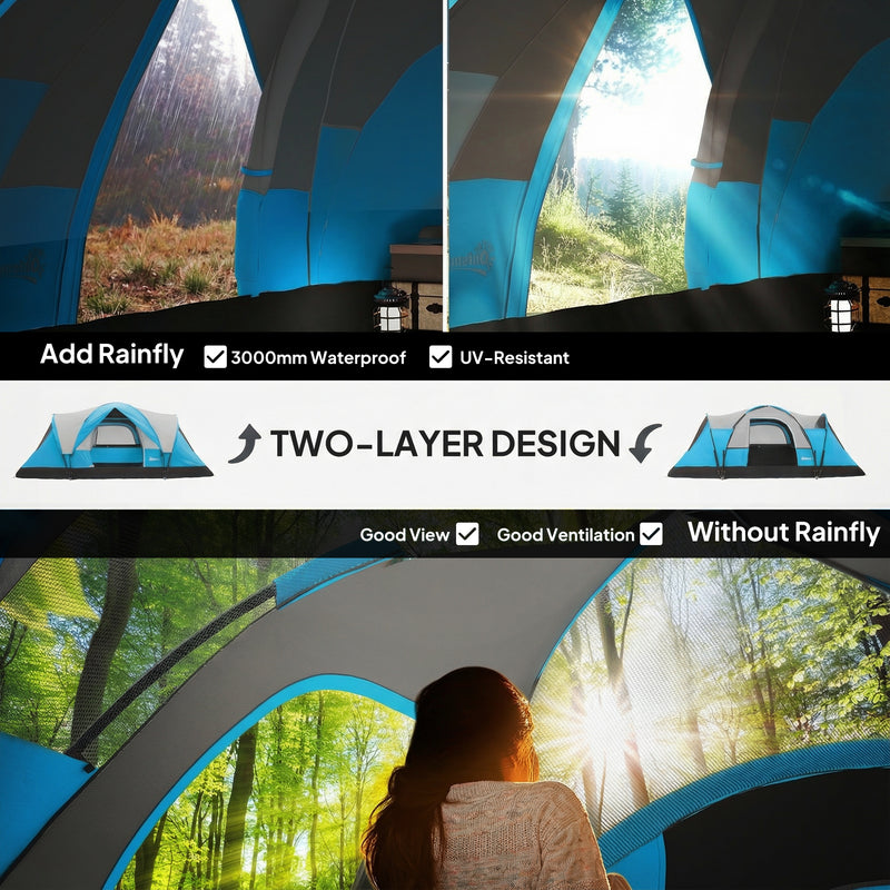 Family Tunnel Camping Tent With Groundsheet, Mesh Windows & Carry Bag, Light Blue