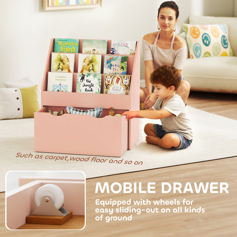 Kids Storage Bookcase with Shelves and Drawer for Bedroom or Playroom Organisation Pink