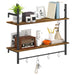 Rustic Brown Wall Mounted Floating Shelf With 4 Hooks for Living Room or Hallway by HOMCOM