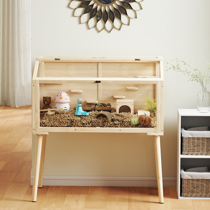 Large Wooden Hamster Cage With Seesaws Platforms and Water Bottle for Gerbils Natural AOSOM