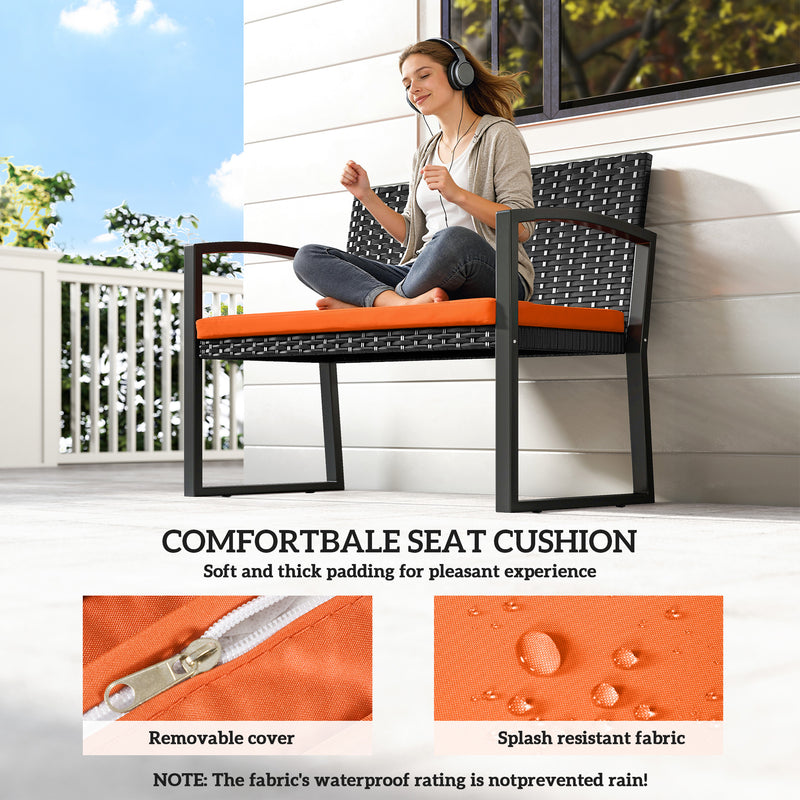 Rattan Garden Bench for Two with Padded Cushion and Steel Frame Black Outsunny