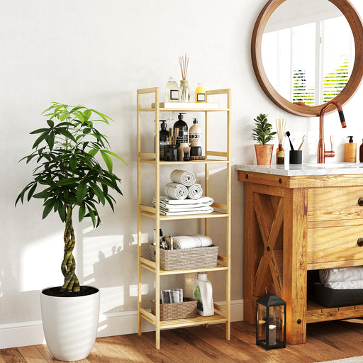 5 Tier Bamboo Bathroom Storage Shelf Freestanding Adjustable Rack Natural Wood