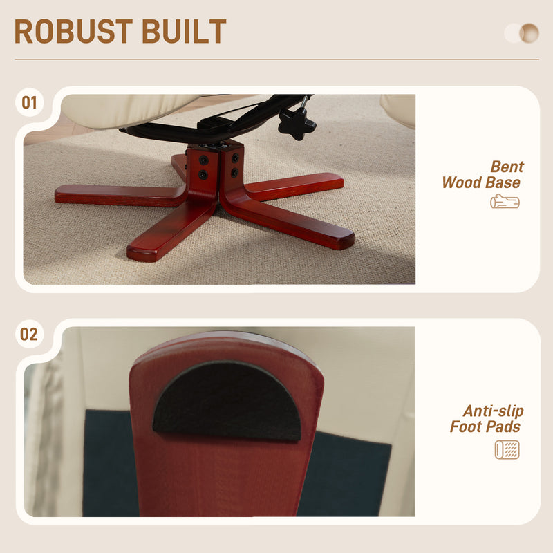 Cream Faux Leather Rocking Recliner Chair with Matching Footstool and Wood Base for Living Room Comfort