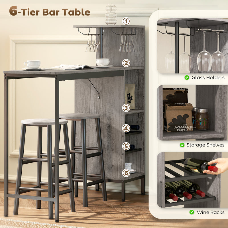 Bar Table Set with Storage Shelves and Stools for Small Kitchens or Flats Natural Wood Finish AOSOM