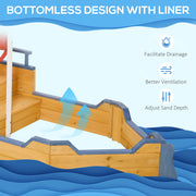 Wooden Pirate Ship Sandpit With Bench and Liner for Kids Outdoor Play, Brown