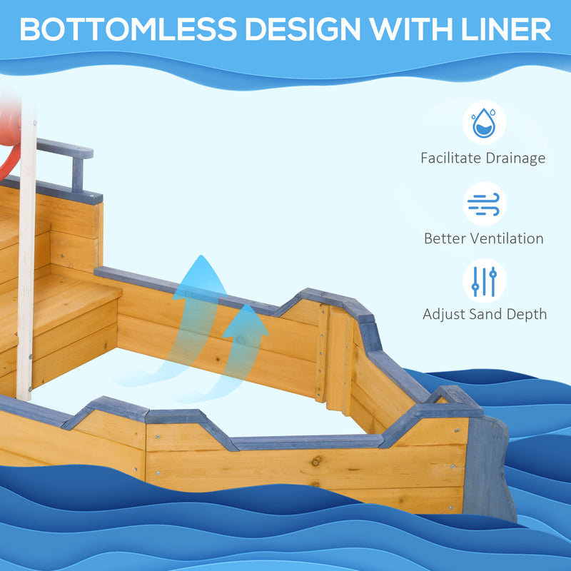 Wooden Pirate Ship Sandpit With Bench and Liner for Kids Outdoor Play, Brown