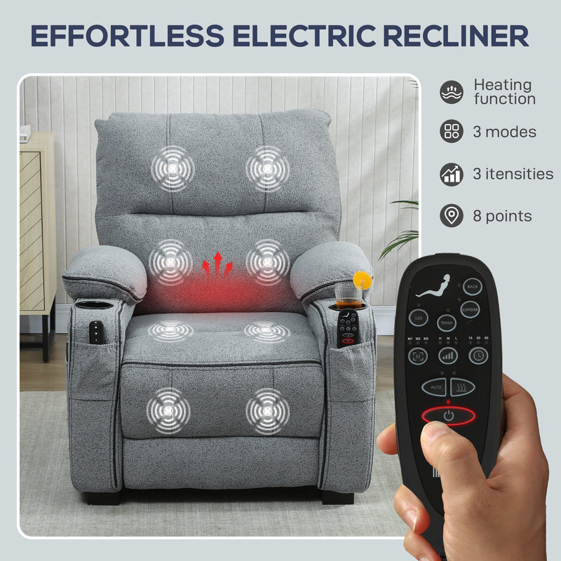 Electric Recliner Massage Armchair with Heat USB Port and Cup Holders for Lounge Grey AOSOM