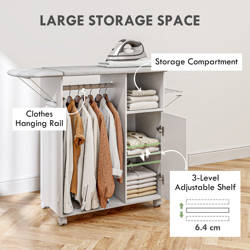 Rolling Ironing Board Cabinet with Storage and Lockable Wheels for Home Use White AOSOM
