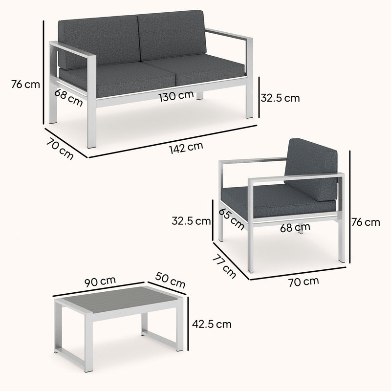 4-Piece Aluminium Garden Lounge Set with 10cm Deep Cushions and Wood-Effect Coffee Table, Dark Grey