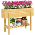 Wooden Raised Garden Bed with Liner Storage Shelf and Drainage for Vegetables and Flowers by Outsunny