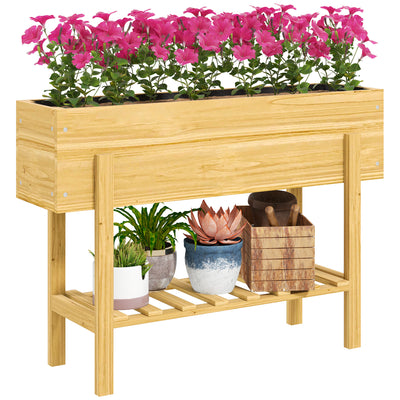 Wooden Raised Garden Bed with Liner Storage Shelf and Drainage for Vegetables and Flowers by Outsunny